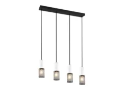 LED Pendelleuchte 4-flammig mit Holz Weiß und Drahtgeflecht, Breite 65cm