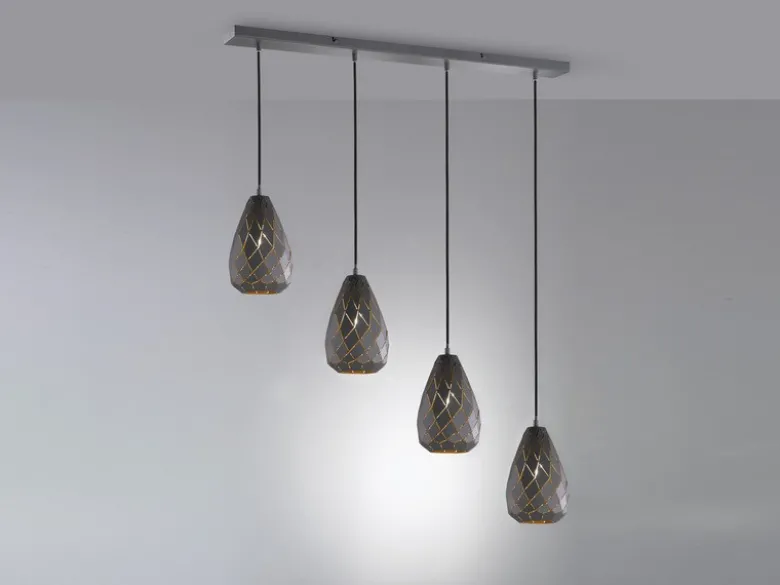 LED Pendelleuchte 4 flammig mit Lasercut Muster Anthrazit innen Gold, B: 90cm