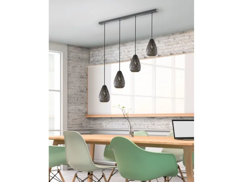 LED Pendelleuchte 4 flammig mit Lasercut Muster Anthrazit innen Gold, B: 90cm