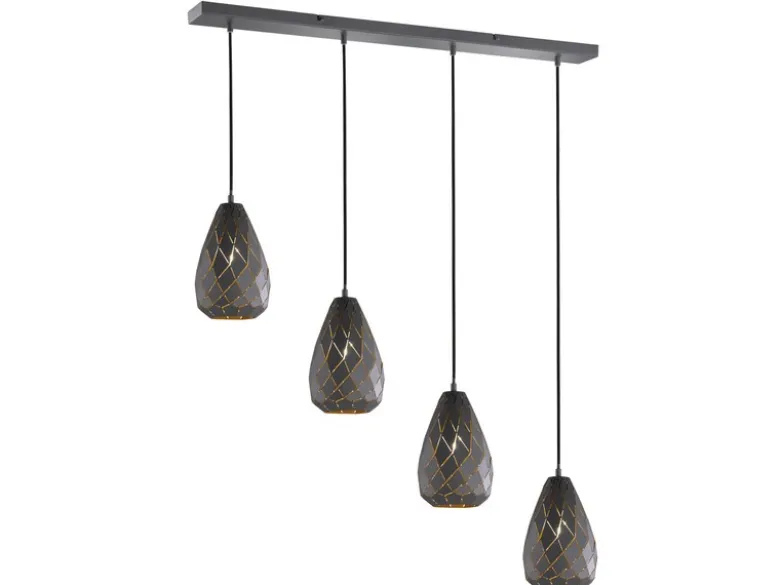 LED Pendelleuchte 4 flammig mit Lasercut Muster Anthrazit innen Gold, B: 90cm