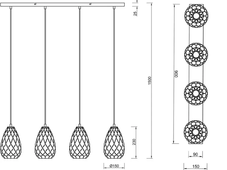 LED Pendelleuchte 4 flammig mit Lasercut Muster Anthrazit innen Gold, B: 90cm