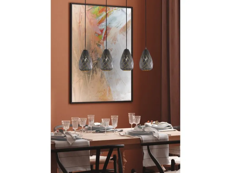 LED Pendelleuchte 4 flammig mit Lasercut Muster Anthrazit innen Gold, B: 90cm
