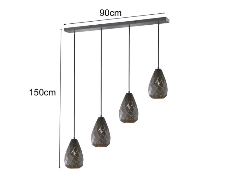 LED Pendelleuchte 4 flammig mit Lasercut Muster Anthrazit innen Gold, B: 90cm