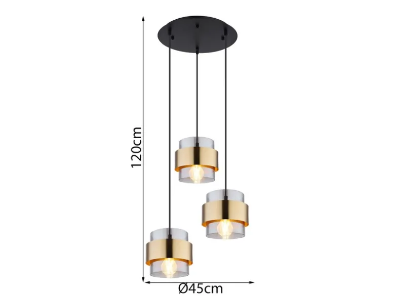 LED Pendelleuchte 3-flammig mit Rauchglas und Messing, Ø 45cm