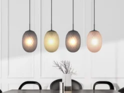 LED Pendelleuchte 4-flammig mit farbigen ovalen Glasschirmen B: 117cm