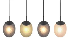 LED Pendelleuchte 4-flammig mit farbigen ovalen Glasschirmen B: 117cm