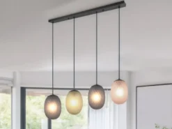 LED Pendelleuchte 4-flammig mit farbigen ovalen Glasschirmen B: 117cm