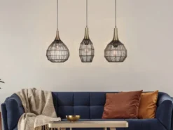 LED Pendelleuchte 3-flammig mit Drahtgeflecht Altmessing, Breite 86cm