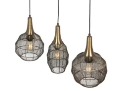 LED Pendelleuchte 3-flammig mit Drahtgeflecht Altmessing, Breite 86cm