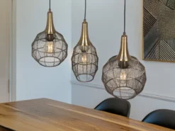 LED Pendelleuchte 3-flammig mit Drahtgeflecht Altmessing, Breite 86cm