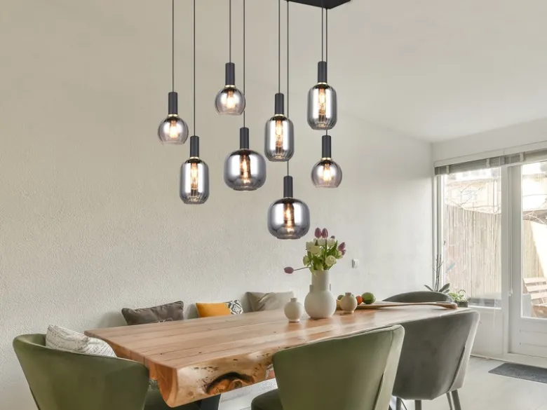 LED Pendelleuchte 8-flammig mit Glasschirmen Chrom bedampft, Breite 120cm