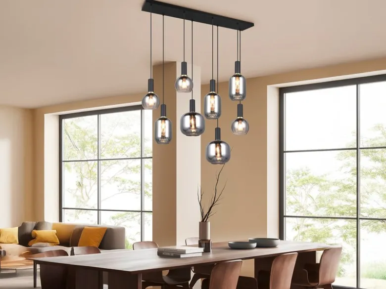 LED Pendelleuchte 8-flammig mit Glasschirmen Chrom bedampft, Breite 120cm