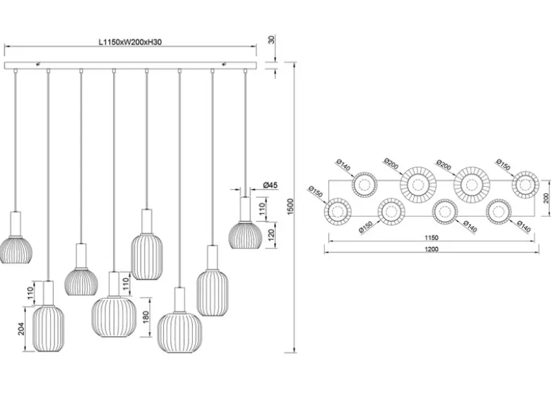 LED Pendelleuchte 8-flammig mit Glasschirmen Chrom bedampft, Breite 120cm