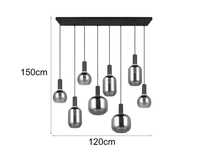 LED Pendelleuchte 8-flammig mit Glasschirmen Chrom bedampft, Breite 120cm