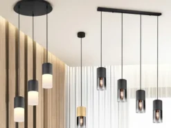 LED Pendelleuchte 4-flammig mit Rauchglas & Metall Schwarz, Breite 80cm