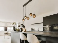 LED Pendelleuchte 5-flammig mit Rauchglas Kugeln, Breite 100cm