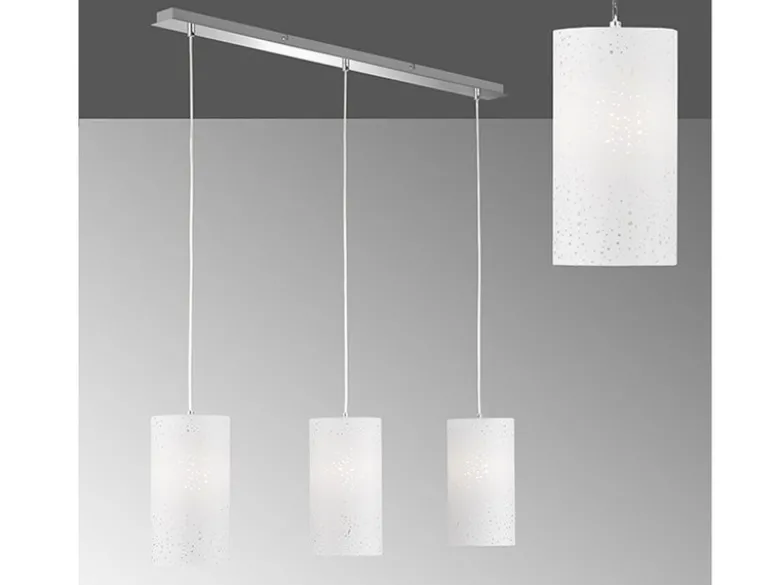 LED Pendelleuchte 3 flammig mit Dekor Stoffschirmen Zylinder Weiß, Breite 110cm