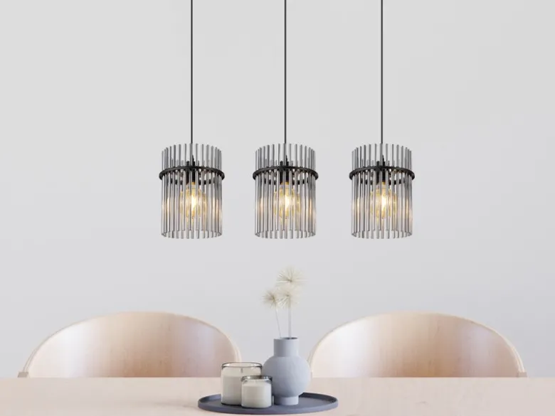 LED Pendelleuchte 3-flammig mit Rauchglas Stäben, Breite 80cm