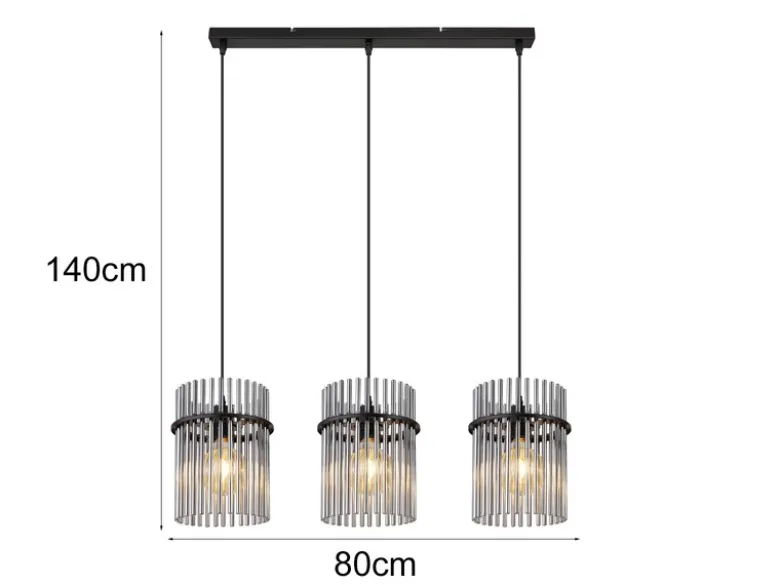 LED Pendelleuchte 3-flammig mit Rauchglas Stäben, Breite 80cm