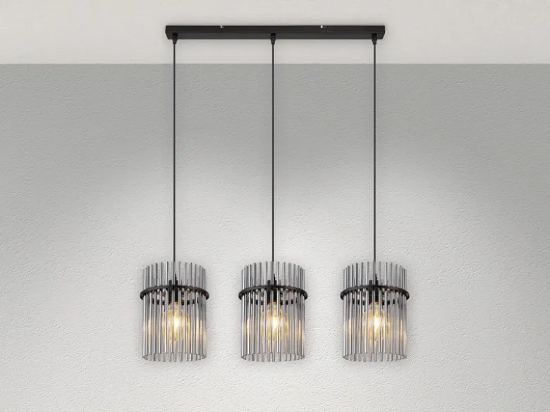 LED Pendelleuchte 3-flammig mit Rauchglas Stäben, Breite 80cm