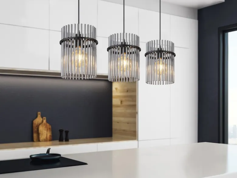 LED Pendelleuchte 3-flammig mit Rauchglas Stäben, Breite 80cm
