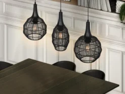 LED Pendelleuchte 3-flammig mit Drahtgeflecht Schwarz, Breite 86cm
