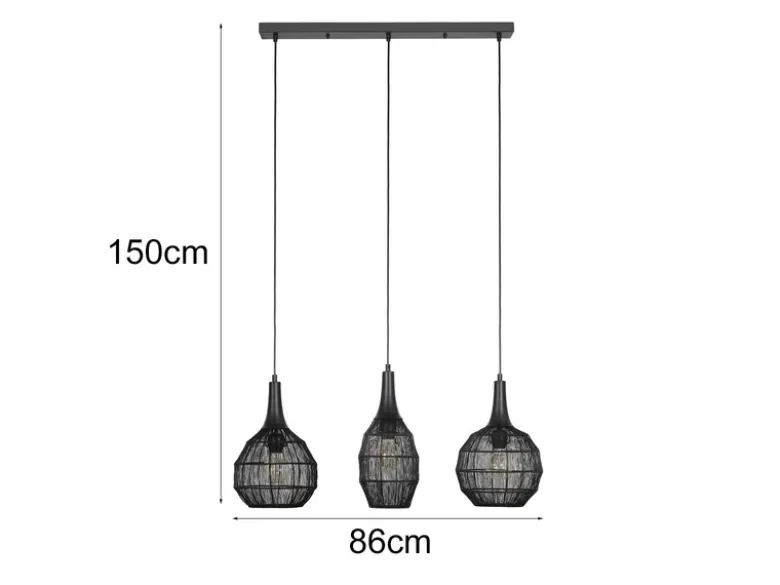 LED Pendelleuchte 3-flammig mit Drahtgeflecht Schwarz, Breite 86cm