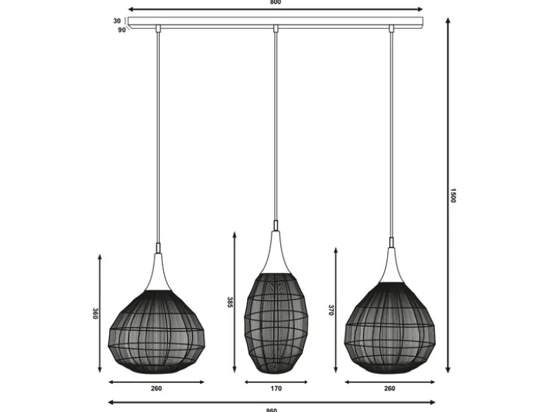 LED Pendelleuchte 3-flammig mit Drahtgeflecht Schwarz, Breite 86cm