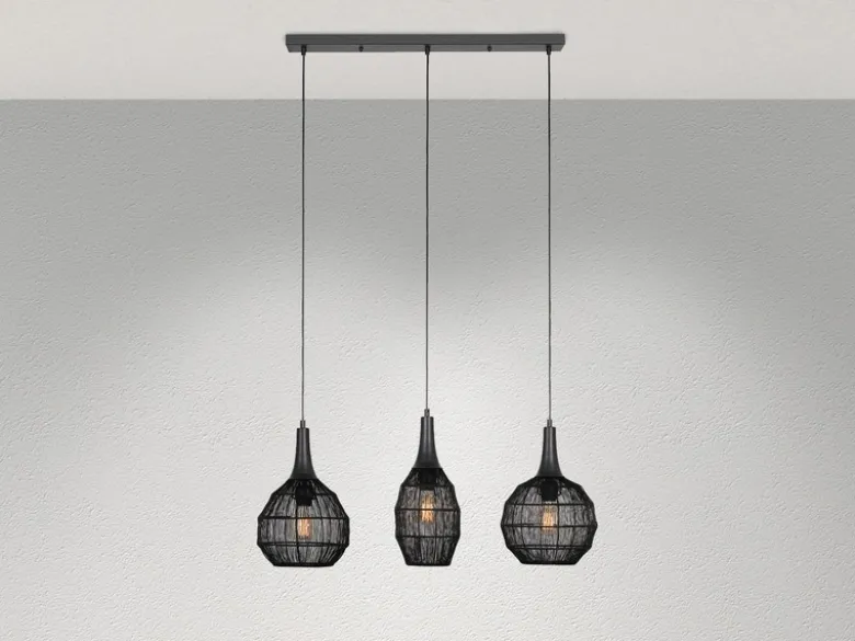 LED Pendelleuchte 3-flammig mit Drahtgeflecht Schwarz, Breite 86cm