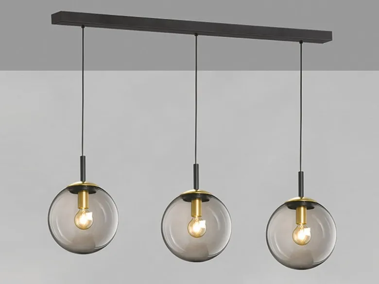 LED Pendelleuchte 3-flammig Rauchglas Schwarz mit Messing, Breite 115cm