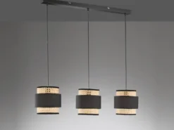 LED Pendelleuchte 3-flammig, Rattan Lampenschirme mit Stoff, Breite 74cm