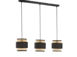 LED Pendelleuchte 3-flammig, Rattan Lampenschirme mit Stoff, Breite 74cm