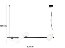 LED Pendelleuchte 6-flammig Schwarz mit Glaskugeln in Opalweiß, Breite 120cm