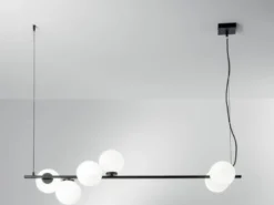 LED Pendelleuchte 6-flammig Schwarz mit Glaskugeln in Opalweiß, Breite 120cm