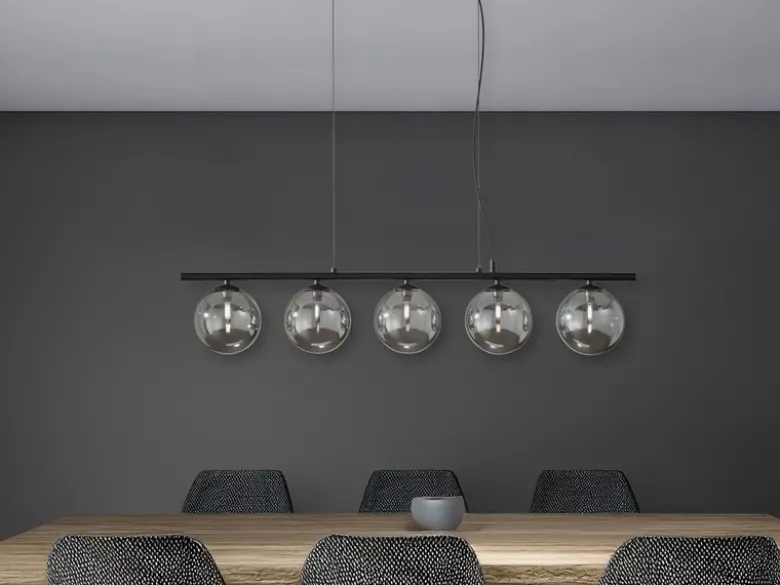 LED Pendelleuchte 5-flammig Schwarz-Glaskugeln Rauchglas, Breite 100cm