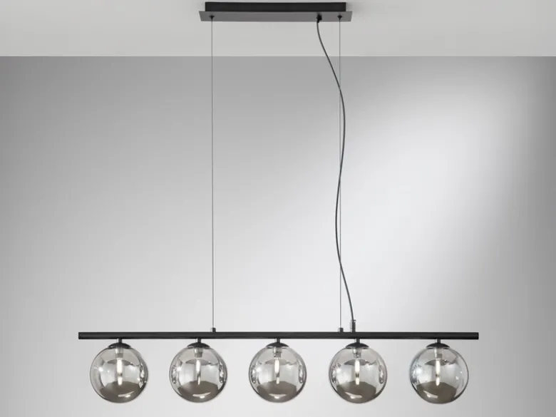 LED Pendelleuchte 5-flammig Schwarz-Glaskugeln Rauchglas, Breite 100cm