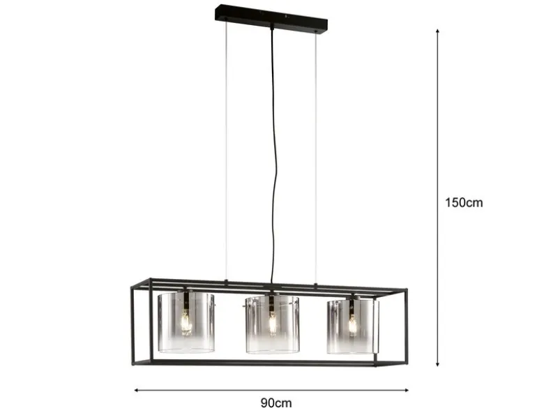 LED Pendelleuchte 3-flammig Schwarz mit Rauchglas, Breite 90cm