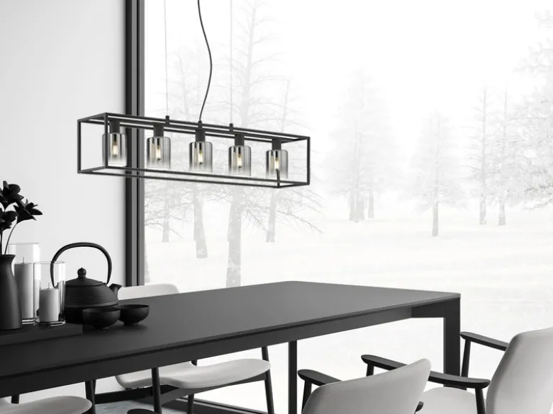 LED Pendelleuchte 5-flammig Schwarz mit Rauchglas, Breite 95cm