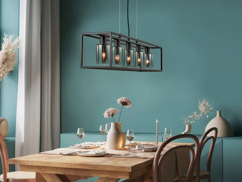 LED Pendelleuchte 5-flammig Schwarz mit Rauchglas, Breite 95cm