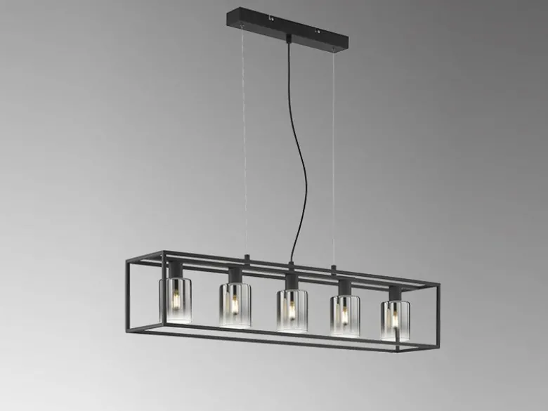 LED Pendelleuchte 5-flammig Schwarz mit Rauchglas, Breite 95cm