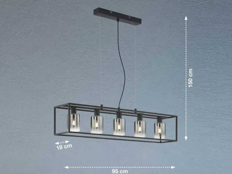 LED Pendelleuchte 5-flammig Schwarz mit Rauchglas, Breite 95cm