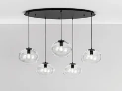 LED Pendelleuchte fünfflammig Kugel Glasschirme transparent Breite 119,5cm