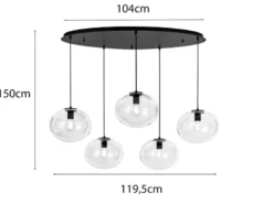 LED Pendelleuchte fünfflammig Kugel Glasschirme transparent Breite 119,5cm