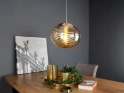 LED Pendelleuchte Glaskugel Wellenmuster Champagner, Ø 24,8cm