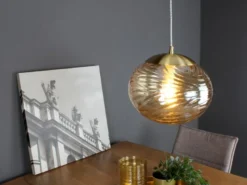 LED Pendelleuchte Glaskugel Wellenmuster Champagner, Ø 24,8cm