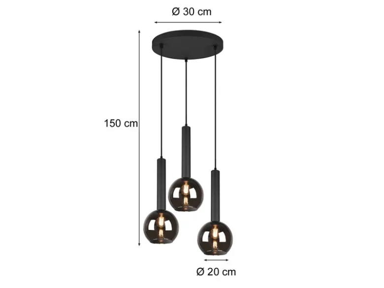 LED Pendelleuchte Industrial 3-flammig Rauchglas-Kugeln, Ø 45cm