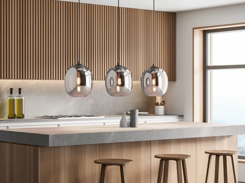 LED Pendelleuchte Industrial 3 flammig mit Rauchglas Glaskugeln - Länge 95cm
