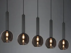LED Pendelleuchte Industrial 5 flammig mit Rauchglas Kugeln, Breite 115cm