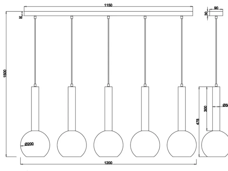 LED Pendelleuchte Industrial 5 flammig mit Rauchglas Kugeln, Breite 115cm