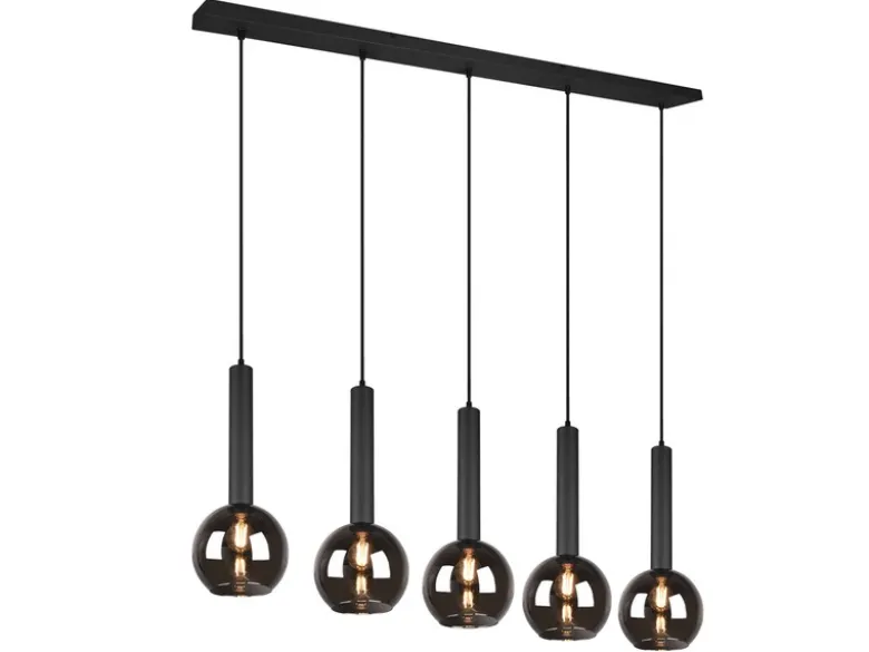 LED Pendelleuchte Industrial 5 flammig mit Rauchglas Kugeln, Breite 115cm